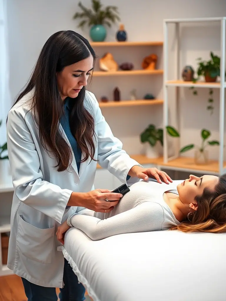 A compassionate image of a healer using scalar technology on a patient, showcasing the integration of advanced technology with traditional healing practices.