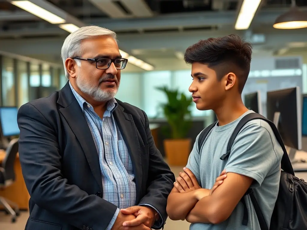 A photo of Rajnish Sharma mentoring a student, highlighting the personalized guidance and support offered within the SETCA program. The setting is a modern office space with a focus on innovation.