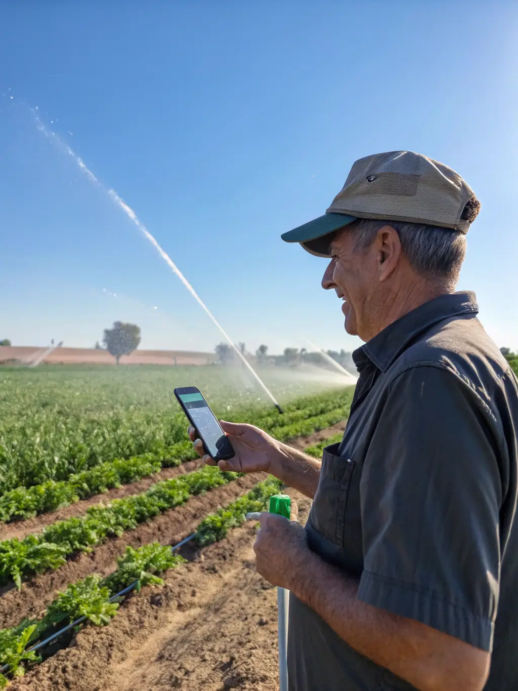 A visual representation of a farmer using a tablet to monitor and control the electric tractor remotely, highlighting the ease of use and advanced technology integration.