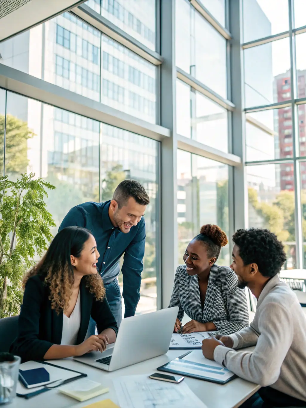 A team implementing business turnaround strategies, analyzing data and planning solutions in a dynamic office setting.