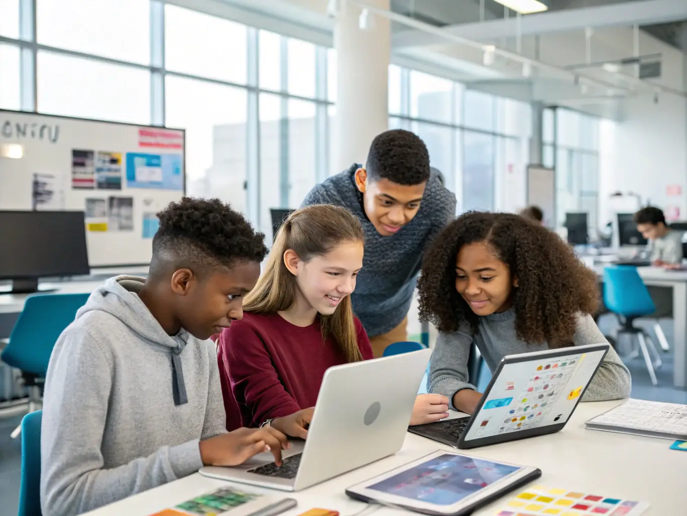 A vibrant image depicting students engaged in a collaborative, hands-on learning activity, showcasing the practical application of knowledge within the SETCA program. The setting is a modern, tech-enabled classroom.