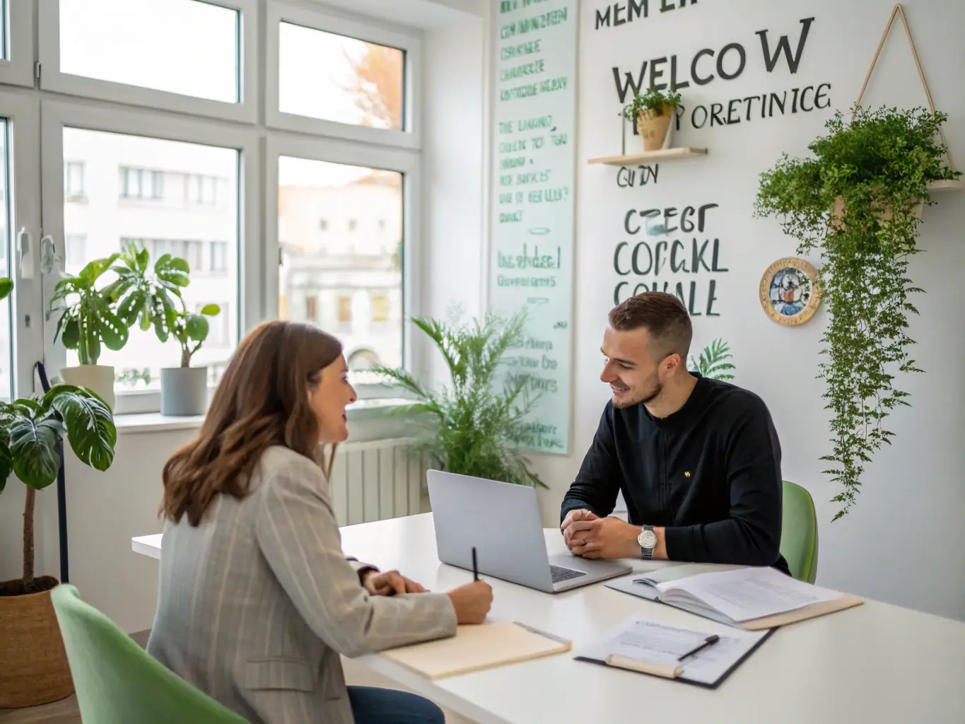 A career coach in a one-on-one session with a professional, discussing career goals and strategies for advancement.