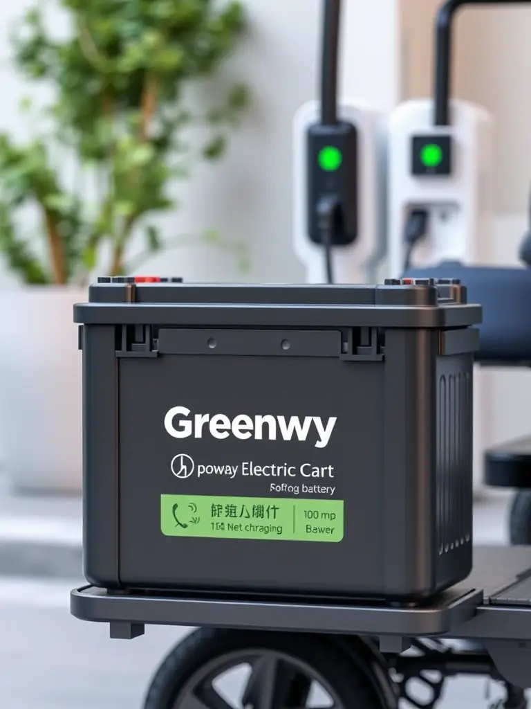 A detailed close-up shot of the electric tractor's battery pack, highlighting its long-lasting power and efficiency, with a focus on reduced operational costs.