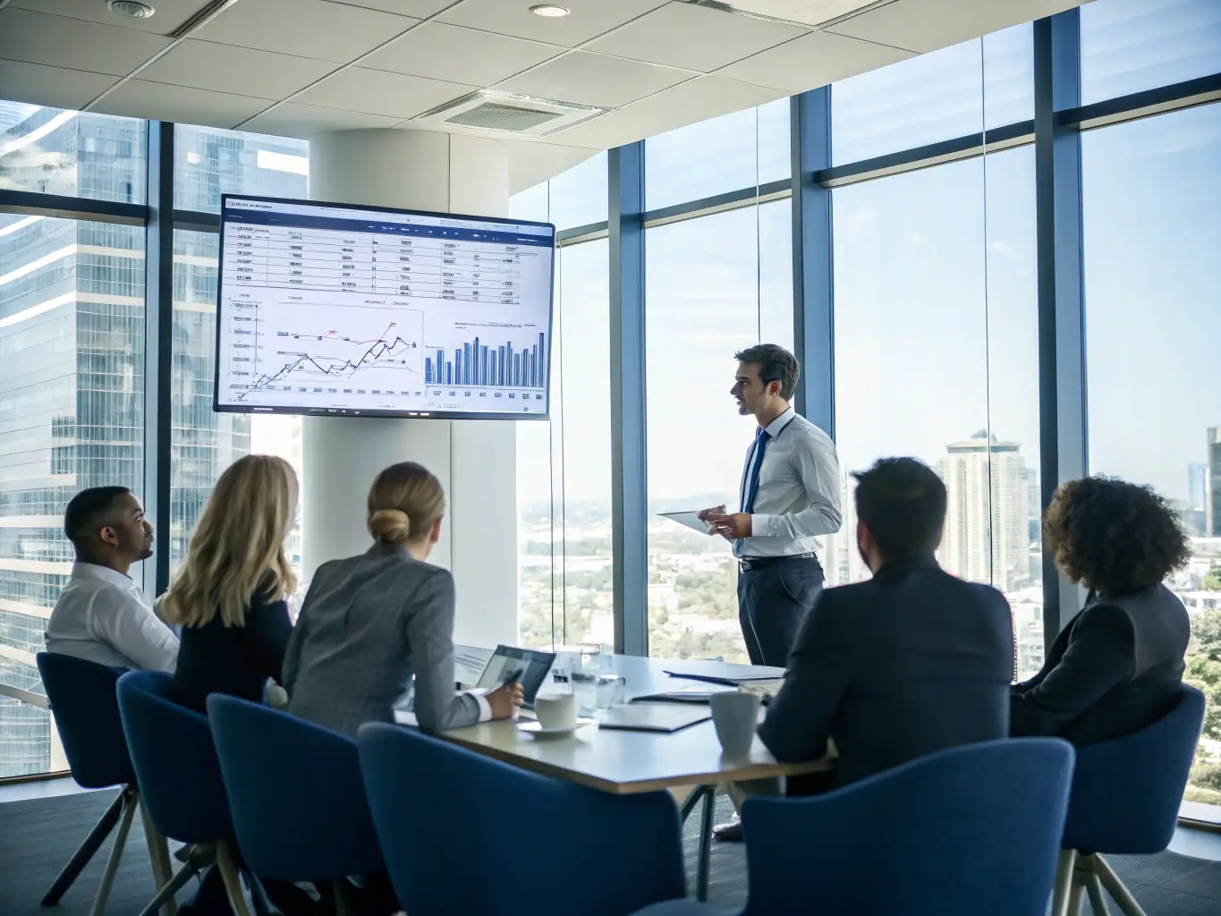 A consultant working with a business team to analyze financial data and develop a turnaround strategy in a corporate environment.