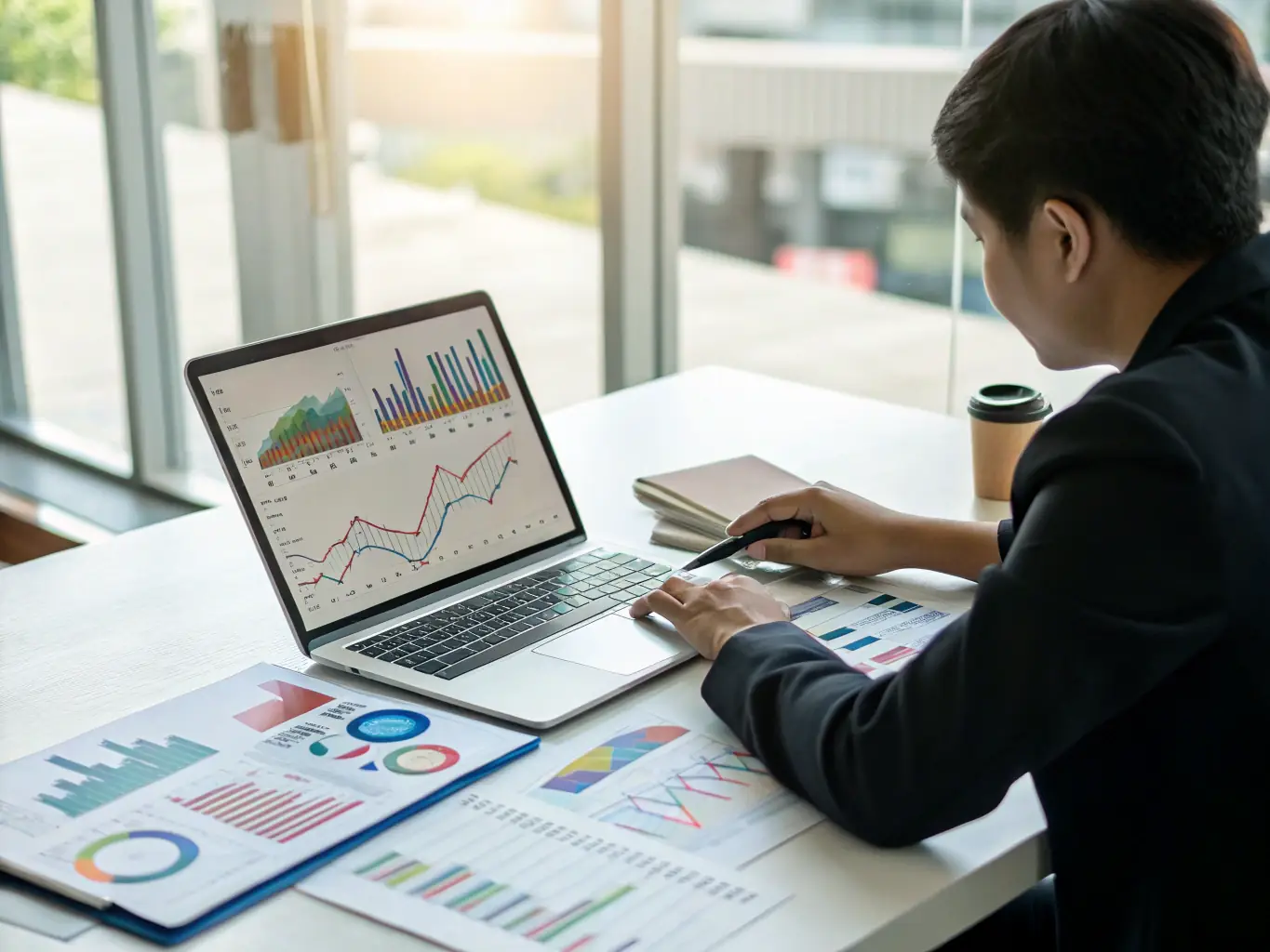 A detailed image of a financial analyst reviewing company balance sheets and income statements, highlighting key metrics for value investing, set in a modern office environment.