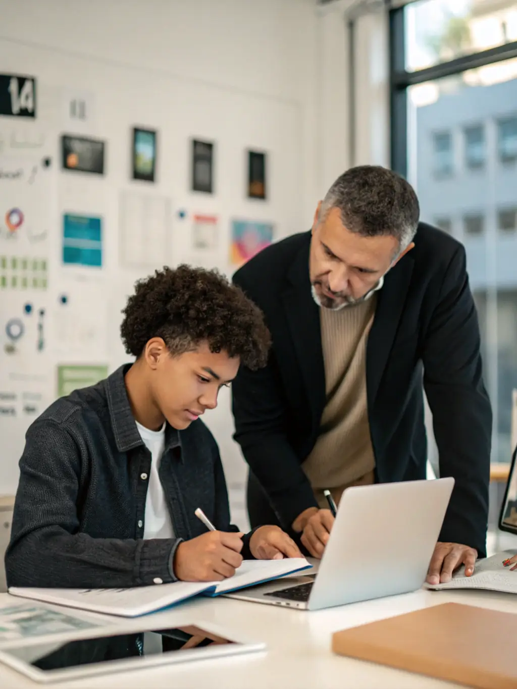 A person receiving startup mentoring, with a mentor guiding them through a business plan on a tablet, set in a modern office environment.