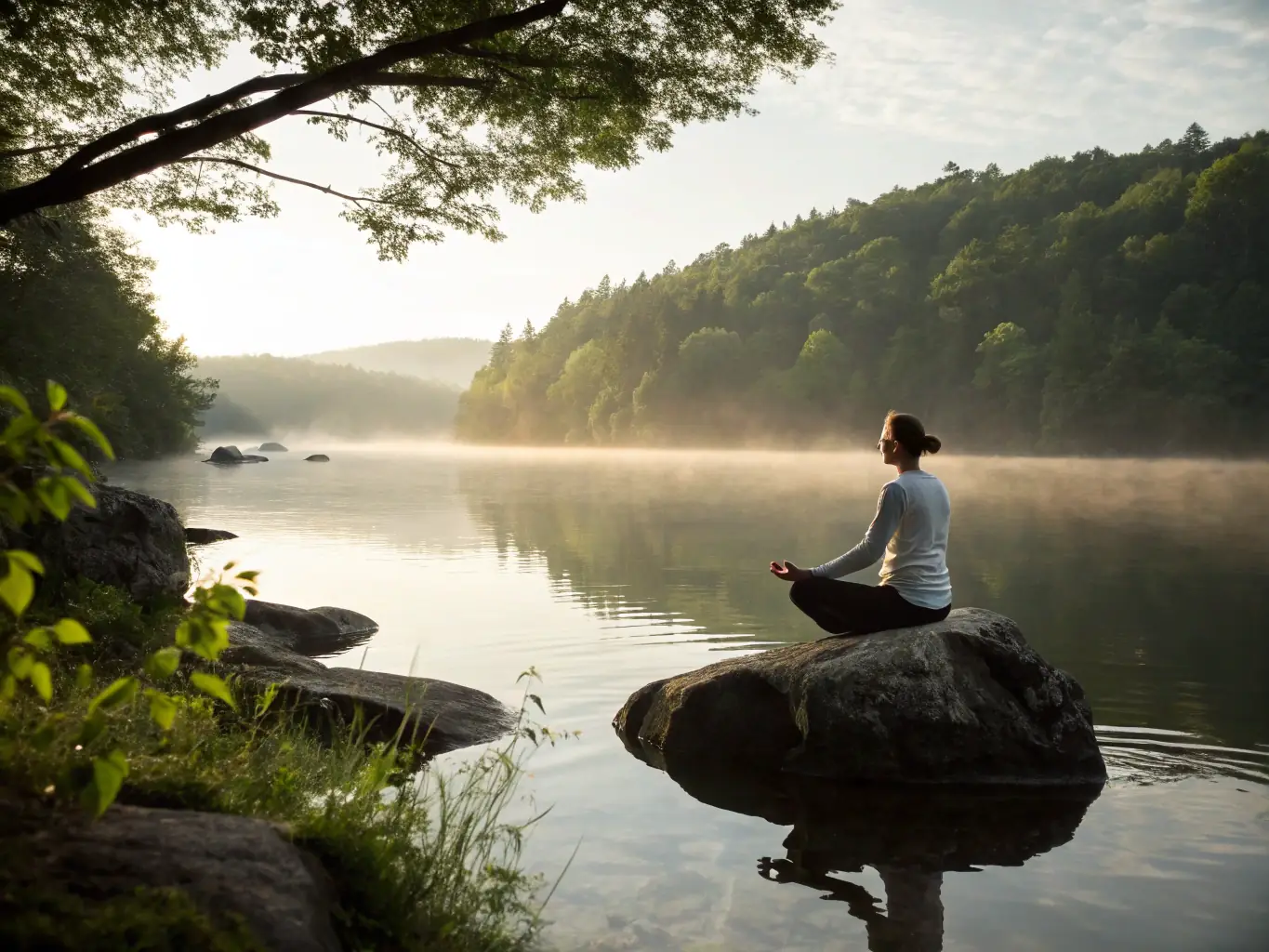 A serene image depicting a person meditating near a body of water, symbolizing the calming and restorative effects of Scalar Water on the body and mind.