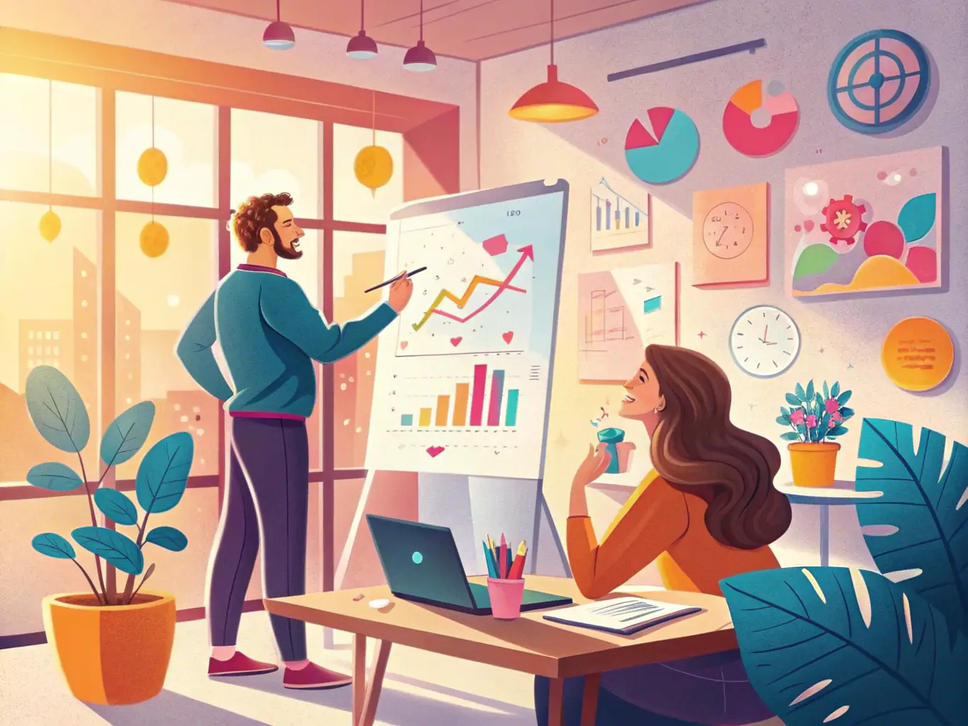 A mentor guiding a startup team through a strategic planning session, emphasizing innovation and growth in a modern office setting.