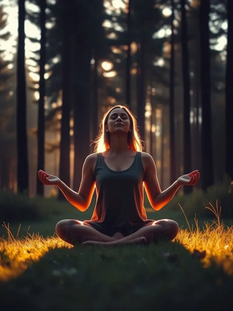 A serene image of a person meditating outdoors, bathed in soft sunlight, representing a chronic patient finding peace and relief through RDS Scalar Revolution's wellness coaching.