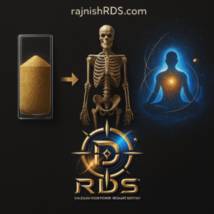 Cosmic transformation graphic showing sand transforming into a human skeleton, evolving into a meditative soul with cosmic aura, placed above the RDS logo with the motto "Unleash Your Power. Reshape Destiny."