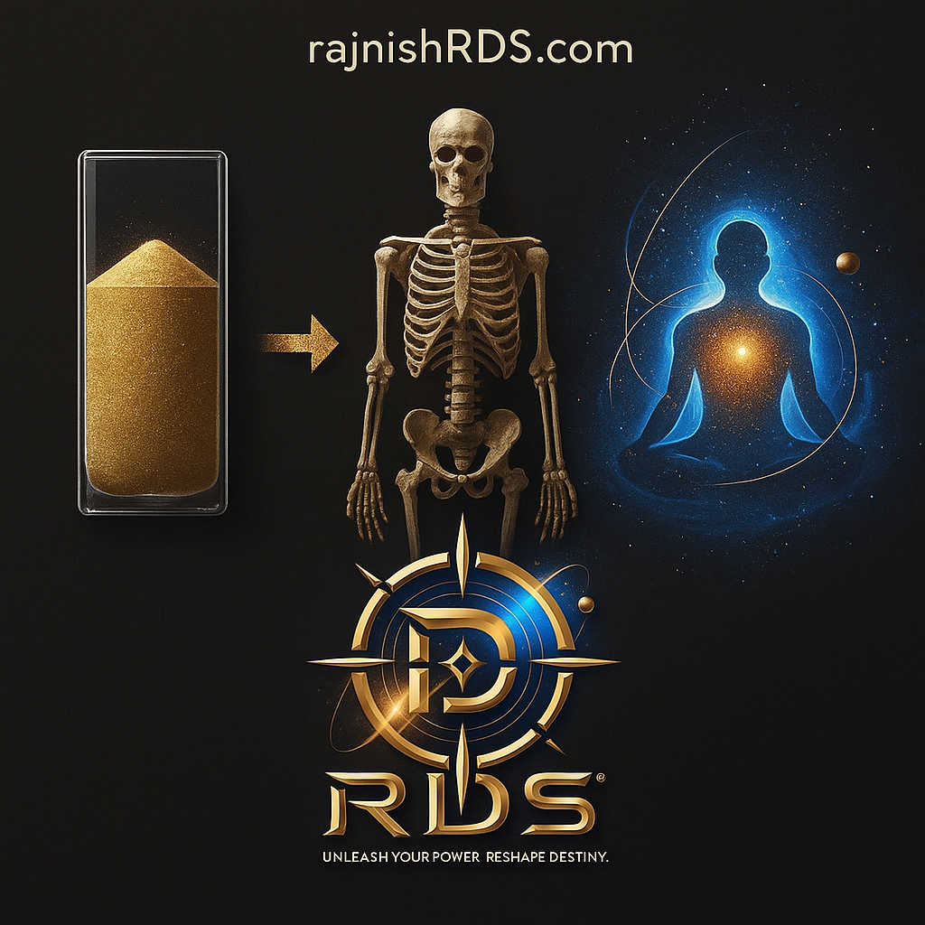 Cosmic transformation graphic showing sand transforming into a human skeleton, evolving into a meditative soul with cosmic aura, placed above the RDS logo with the motto "Unleash Your Power. Reshape Destiny."