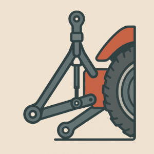 Diagram of a three-point linkage system used in tractors, showing top link, lower lift arms, stabilizers, and hydraulic lift components