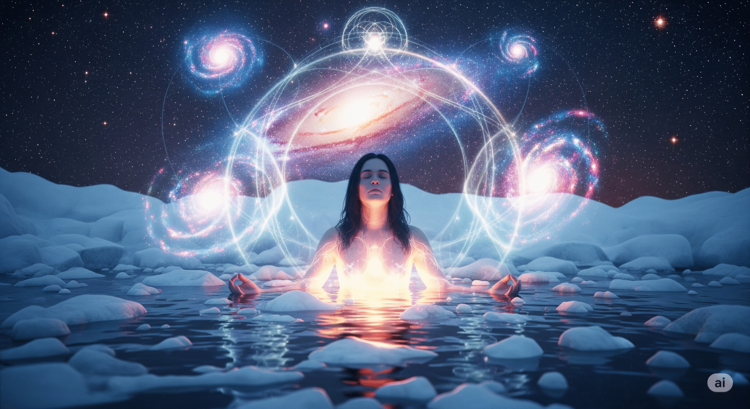 Person meditating in an ice bath surrounded by cosmic energy — visualizing ice bath ritual benefits for spiritual and energy transformation