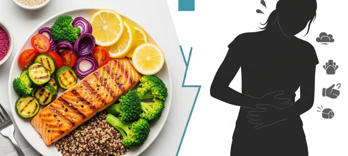 OMAD one meal a day concept showing healthy food plate and fasting effects on body