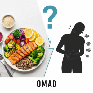 OMAD one meal a day concept showing healthy food plate and fasting effects on body