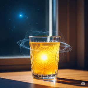 Glowing turmeric water in glass charged with scalar energy, sunlight, and cosmic field in background