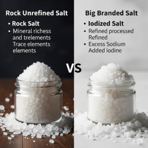 Comparison of Rock Unrefined Salt vs. Big Branded Iodized Salt, highlighting natural minerals in rock salt