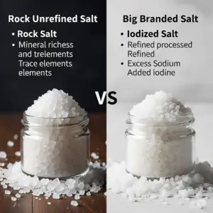 Comparison of Rock Unrefined Salt vs. Big Branded Iodized Salt, highlighting natural minerals in rock salt