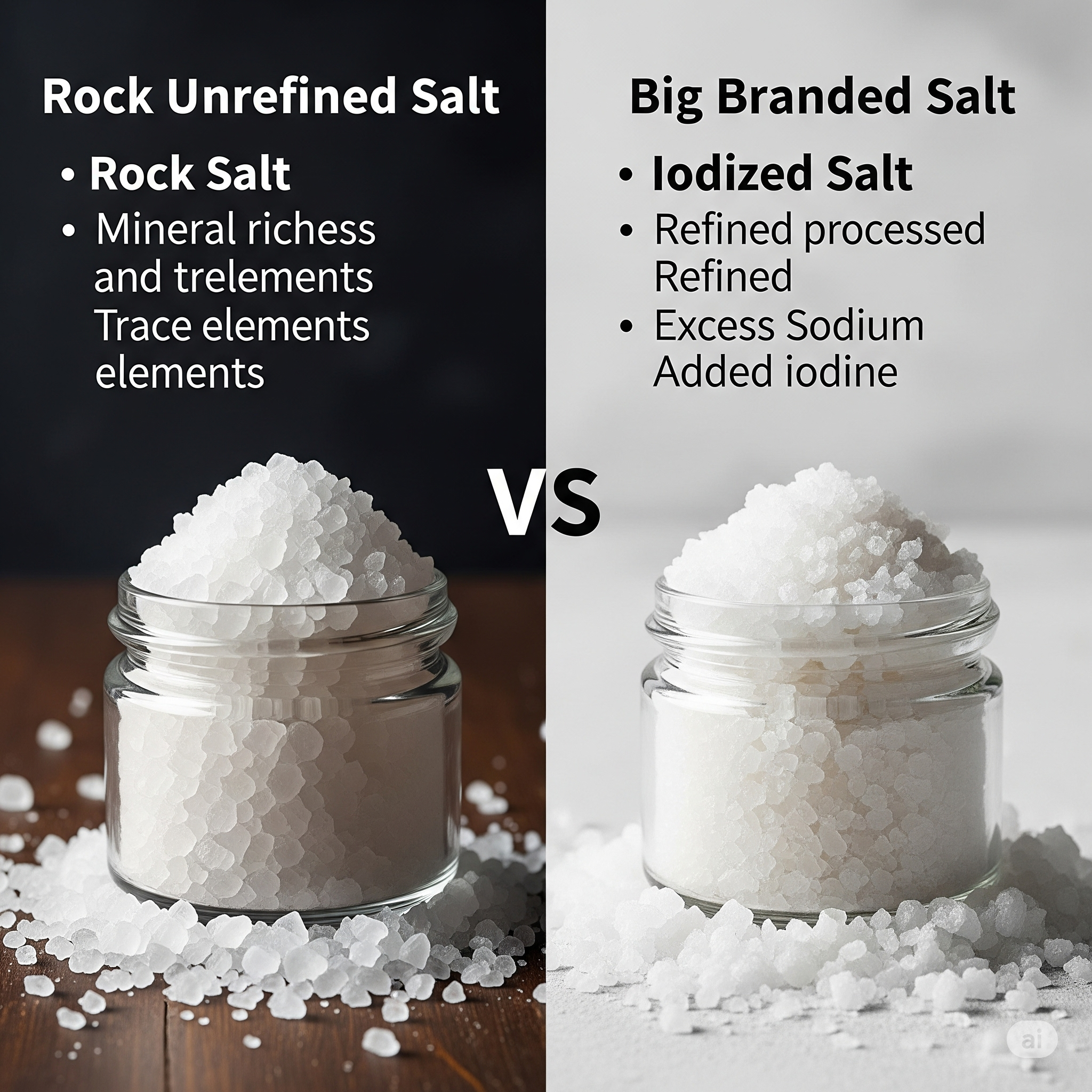 Comparison of Rock Unrefined Salt vs. Big Branded Iodized Salt, highlighting natural minerals in rock salt